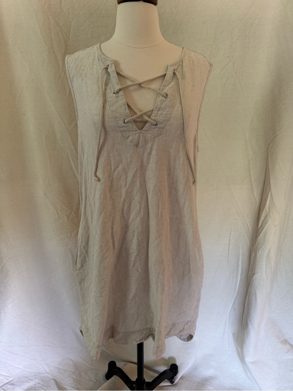 Bella Dahl Linen Blend Cream Sleeveless Lace-Up Tunic Dress Medium